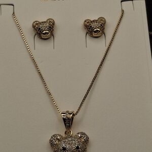Gold Teddy Bear Pendant Necklace and Stud Earrings Set